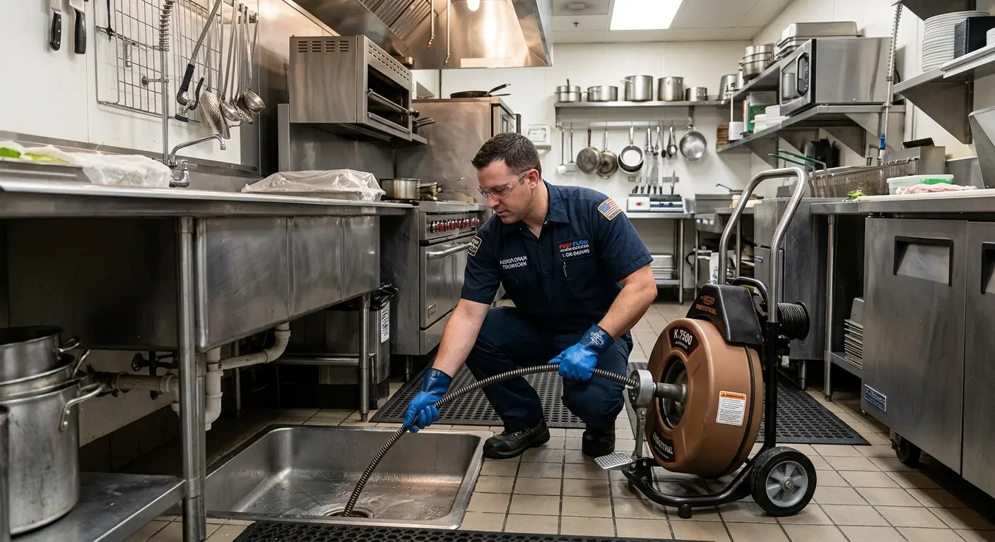 Commercial drain cleaning service in a restaurant kitchen in Lake Arrowhead