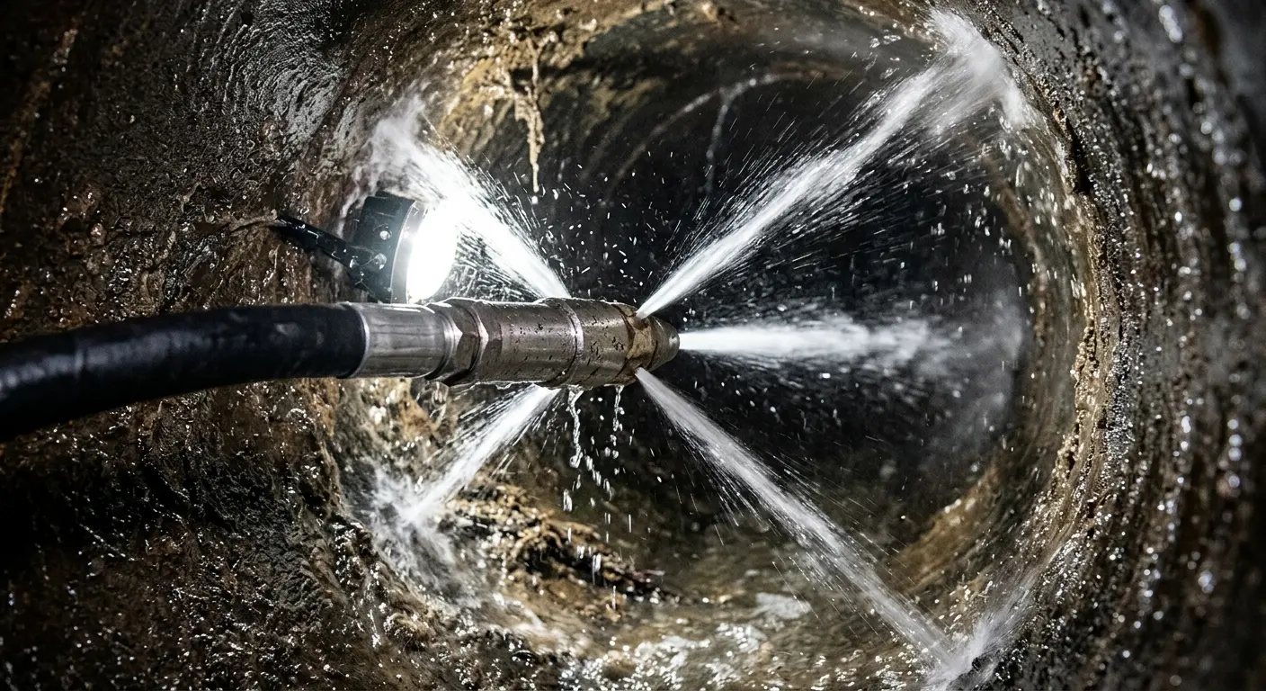 High-pressure hydro jetting nozzle cleaning sewer pipe for Storm Drain Cleaning in Lake Arrowhead