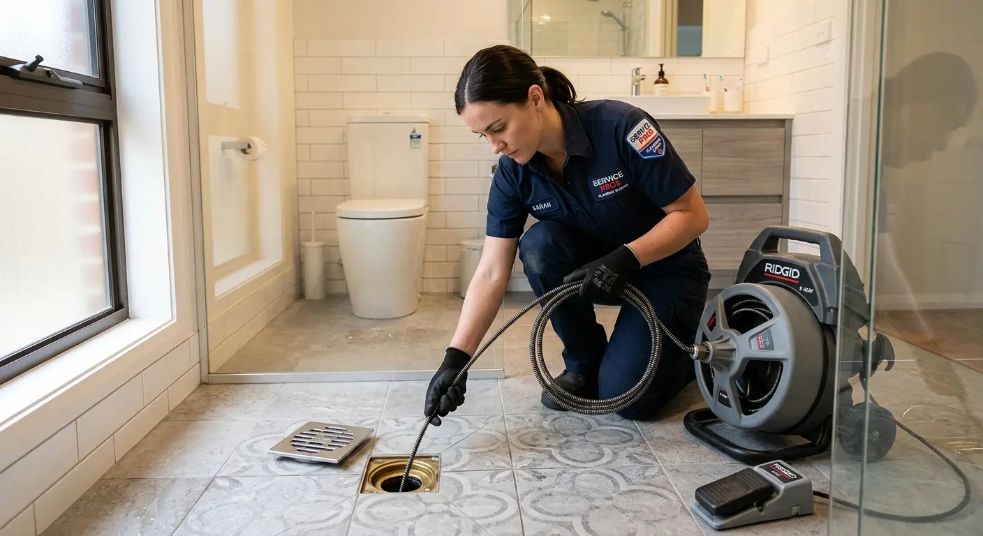 Technician clearing a bathroom floor drain for Clogged Drain Repair in Lake Arrowhead